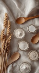 Small glass jars of light-colored powders, wooden spoons, and wheat stalks on a beige linen cloth
