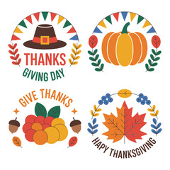 Round thanksgiving labels set, pumpkin and hat symbols, laurel wreath accents, simple flat style, clean white vector