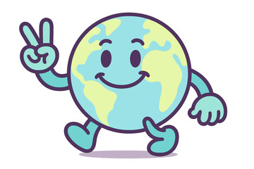 Naklejka premium Happy earth cartoon with peace gesture vector illustration for environmental design