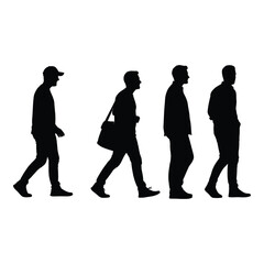 Silhouettes of four men walking in succession diverse poses casual attire for design projects silhouette