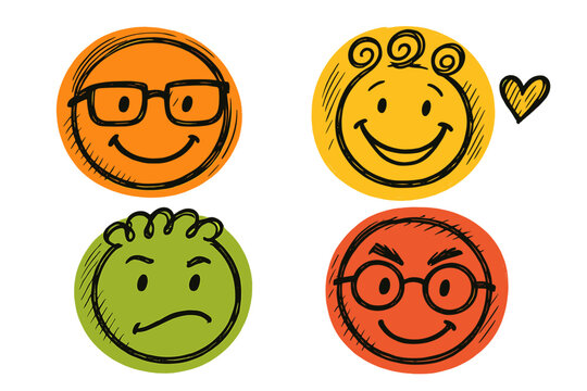 Colorful emoticons vector illustration with hand-drawn style - fun and expressive design for posters and cards