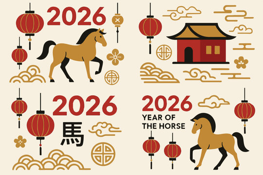 Abstract modern vector illustrations of Chinese New Year designs for 2026, Year of the Horse. Lanterns, horse, house and traditional elements
