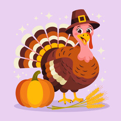 Thanksgiving turkey scene, purple background color, pumpkins and wheat, warm glow, family holiday mood, festive autumn vector design