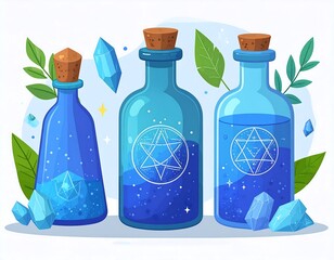 Three blue bottles with crystals