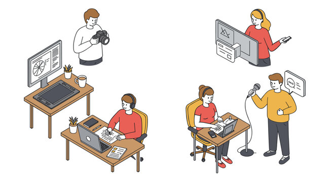 Isometric vector illustration of creative media professions in a modern office for design and print