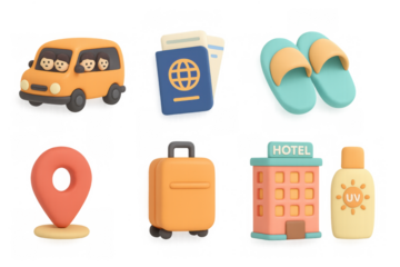 3d travel icons: family vacation, passport, and hotel essentials