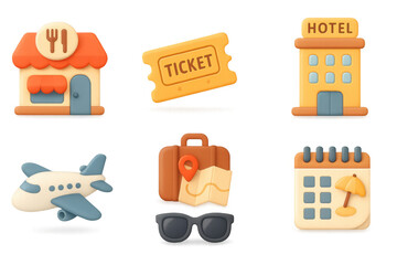 Travel essentials 3d icon set: ticket, hotel, plane, luggage, and more