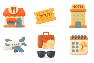Travel essentials 3d icon set: ticket, hotel, plane, luggage, and more