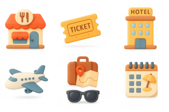 Travel essentials 3d icon set: ticket, hotel, plane, luggage, and more