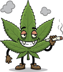 Funny cartoon marijuana leaf character smoking joint, stoned cannabis mascot illustration, weed leaf smoking blunt, funny cannabis cartoon design, vector