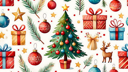 Festive Watercolor Christmas Pattern with Tree Ornaments Gifts and Reindeer for Holiday Season Celebrations