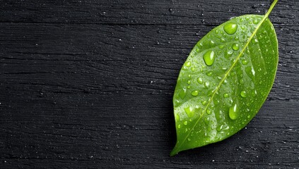 Fresh green leaf with water droplets on dark wood