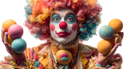 Pumpkin clown with red nose and colorful wig, juggling candy, isolated on white