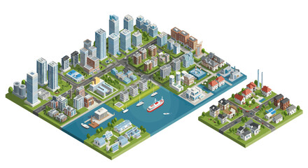 Vibrant urban cityscape with waterfront and suburban area vector illustration for design projects