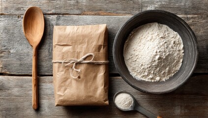 Flour, package, wooden spoon, rustic bowl