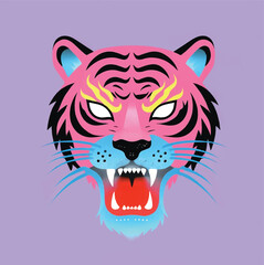 Obraz premium Colorful Stylized Tiger Head Illustration on Purple Background