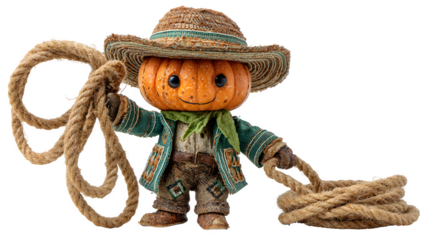 Pumpkin cowboy with hat and lasso rope, isolated on white