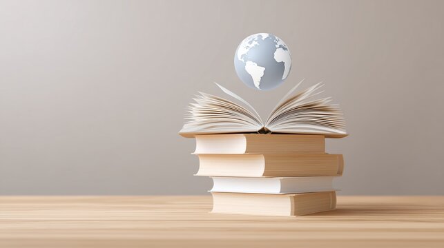 Open book with pages fanned out, a globe floating above, symbolizing knowledge, education, and global awareness, set against a soft neutral background with wooden surface