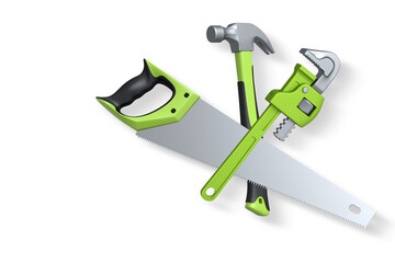 Crossed handsaw, hammer, and pipe wrench isolated on white background with clipping path. Repair, construction, or handyman tools
