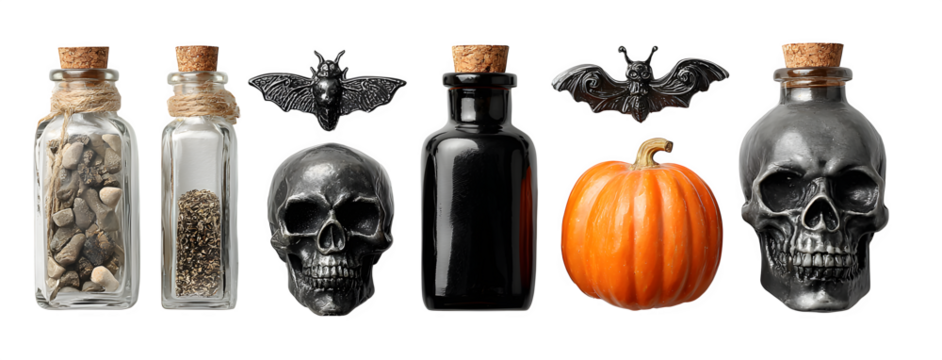 Halloween flat lay strip with potion bottles, skulls, pumpkins, and bats, isolated on white