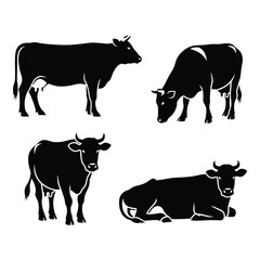 Four black silhouette cows standing grazing lying down agricultural farm animals silhouette