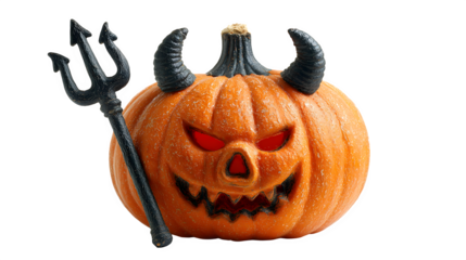 Pumpkin devil with horns and trident, glowing red eyes, isolated on white