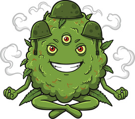 Funny green monster character with three eyes, cartoon weed bud illustration, smoking concept design, military helmet artwork, fantasy mascot