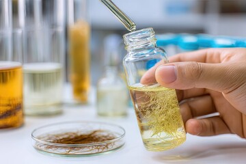 Scientist performing liquid analysis in a laboratory setting with scientific equipment.