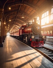 Obraz premium Vintage Steam Train at Station with Warm Sunlight and Detailed Architecture