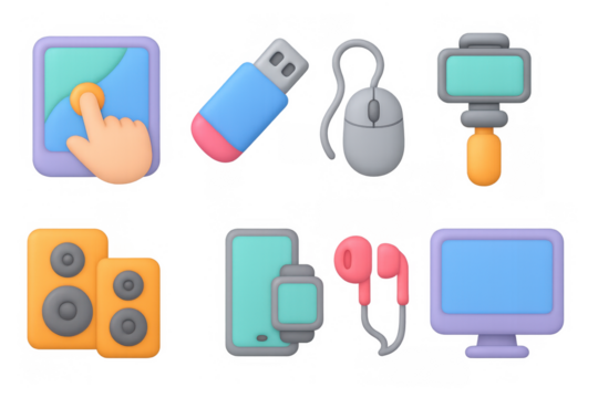 Colorful 3d icons of tech gadgets and devices for digital design - Powered by Adobe