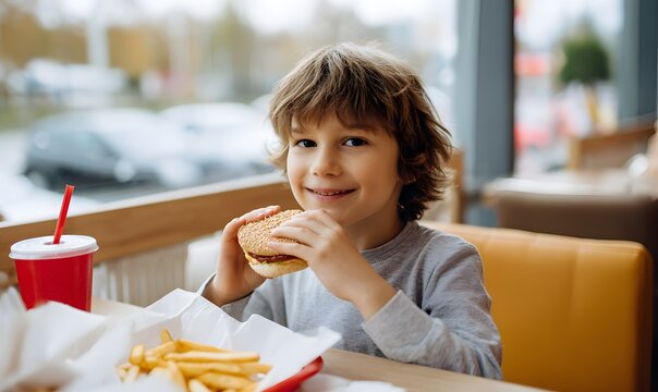 a smiling funny little boy eating hamburger with ketchup on his mouth in a fast food restaurant and he have drink and chips on the table