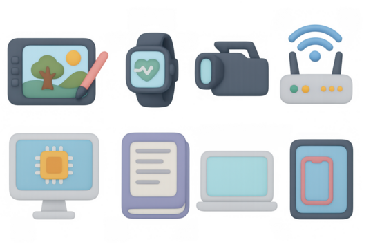 Technology gadgets 3d icons: tablet, smartwatch, camera, router, compu