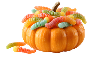Pumpkin filled with gummy worms crawling out, isolated on white