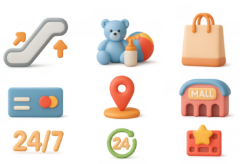 Colorful 3d icons set featuring escalator, bear, shopping bag, credit