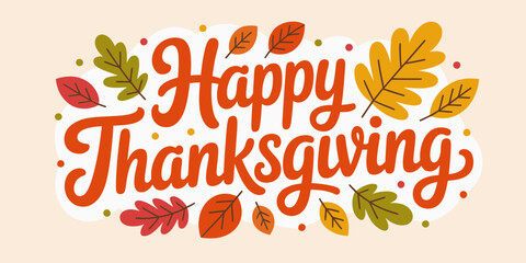 Happy Thanksgiving script, rectangular header format, colorful leaves scatter, warm autumn vibe, seasonal greeting card, vector