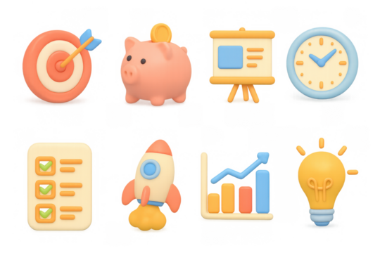 3d business icons: goal, finance, presentation, time, checklist, rocke