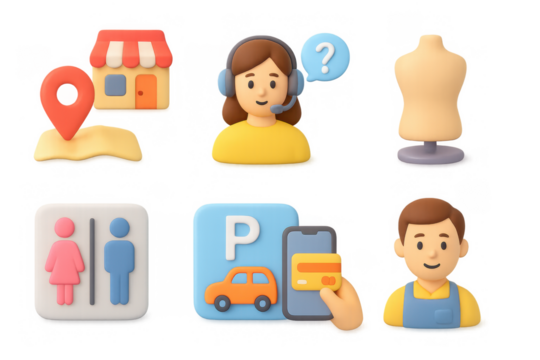 3d icons set: customer support, navigation, parking, retail, fashion,