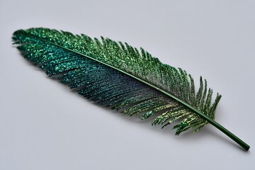 Quetzal emerald tail feather with extraordinary length and shimmer on white background 
