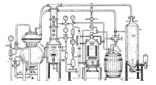 Intricate hand drawn distillery equipment with vintage pipes and gauges