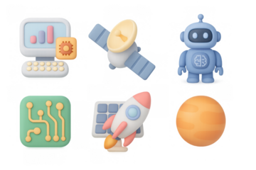 3d icon set: technology, space, and robot elements in pastel colors
