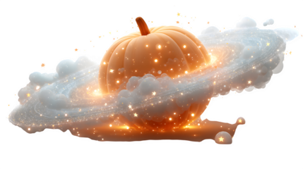 Pumpkin planet orbiting glowing ghost moons in Halloween galaxy, isolated on white background