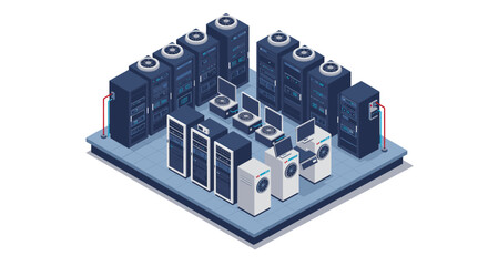 Modern isometric server room with high-tech cooling systems and networ