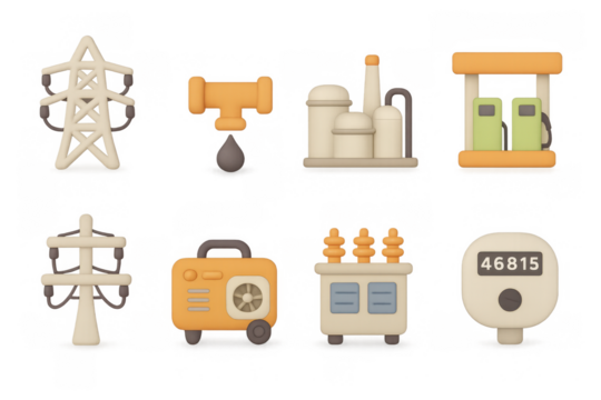 Energy infrastructure icons featuring 3d style power plant, generator,