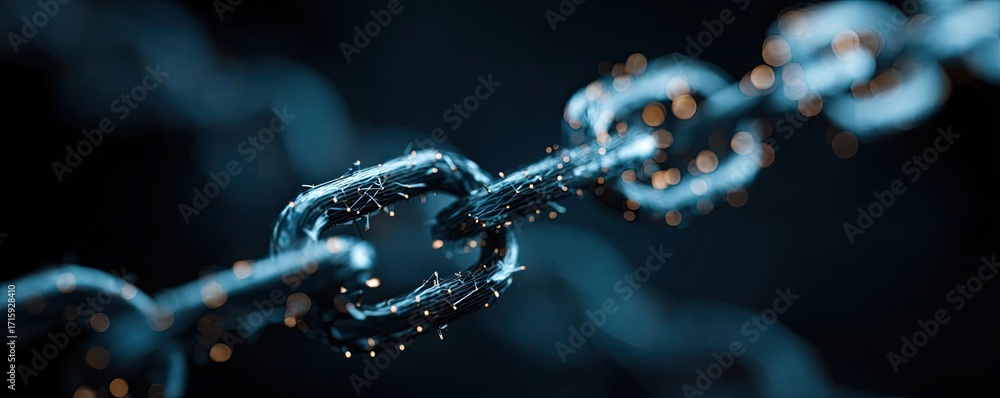 Poster cyber security and data protection strategy concept. a close-up of a metallic chain link with a dark