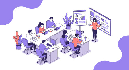 Fototapeta premium Collaborative office team analyzing business data in modern isometric