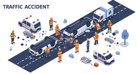 Emergency response scene with ambulance and firefighters at car accide