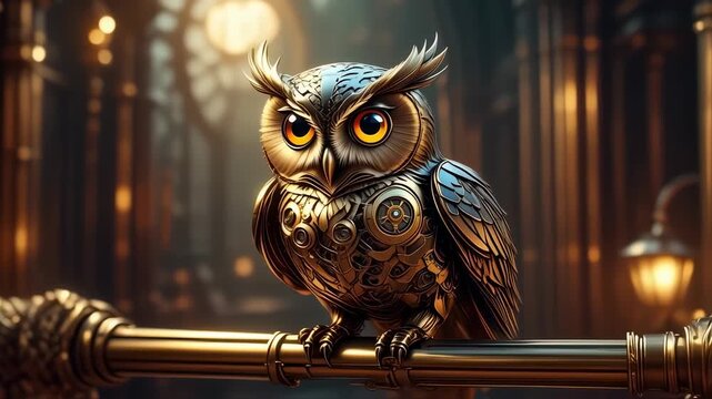 Steampunk Owl Perched on Golden Railing, Victorian Era Style Fantasy Art
