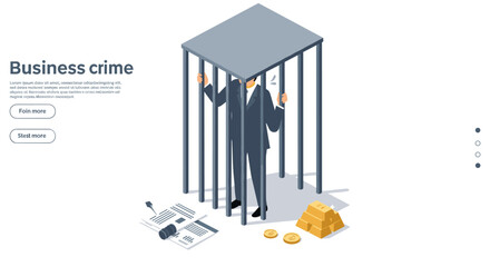 Businessman trapped in jail cell: financial crime concept with gold an