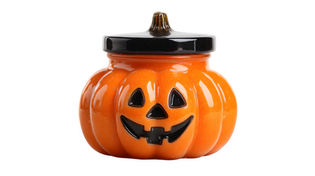 Halloween gift candle in pumpkin holder, glowing effect, isolated on white background