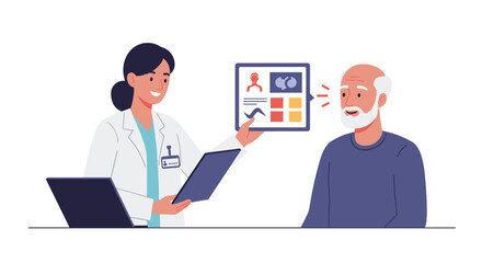 Healthcare consultation with elderly patient and doctor using digital health record